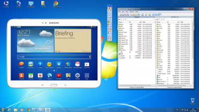 Windows PC that remote controls a Samsung Tablet. The remote controlled Tablet is shown as a picture on the windows desktop. A simultaneous split screen file transfer window permit easy transfer of files between PC and Android device.